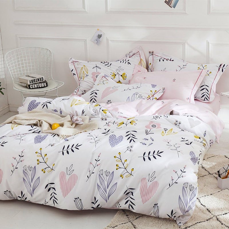 OTOB Soft Cartoon Floral Bedding Aesthetic Girls Duvet Cover Full Queen Pink Cotton Floral Comforter Cover for Toddler Women Kids Teen Bed Reversible Shabby Chic Flower Kawaii Bedding, No Comforter - Image 2